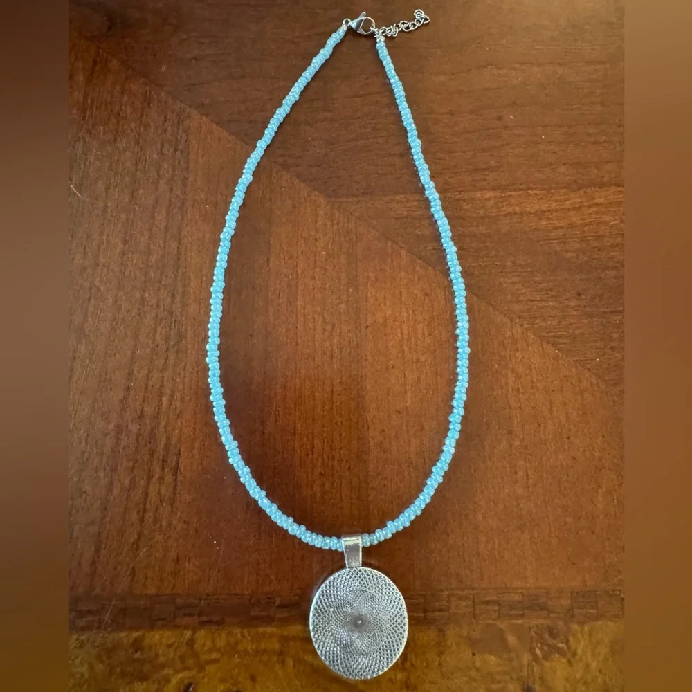 Moon Goddess & Blue Moon Cabochon Silver tone Pendant on Blue Beaded Necklace - Picture 6 of 7